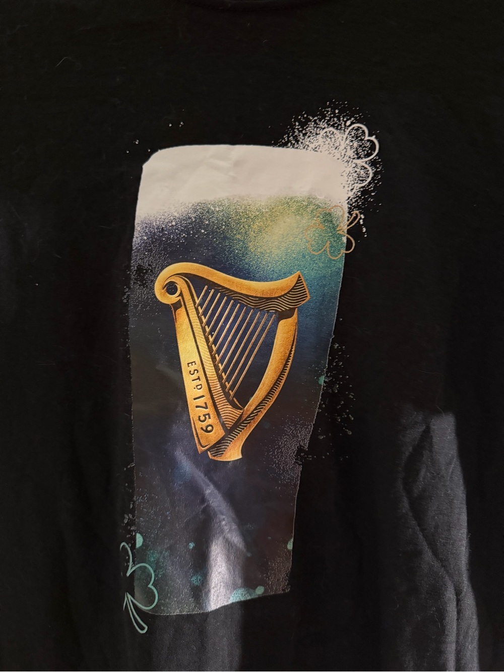 Guinness Black Tee with White Logo and Gold Shamrock